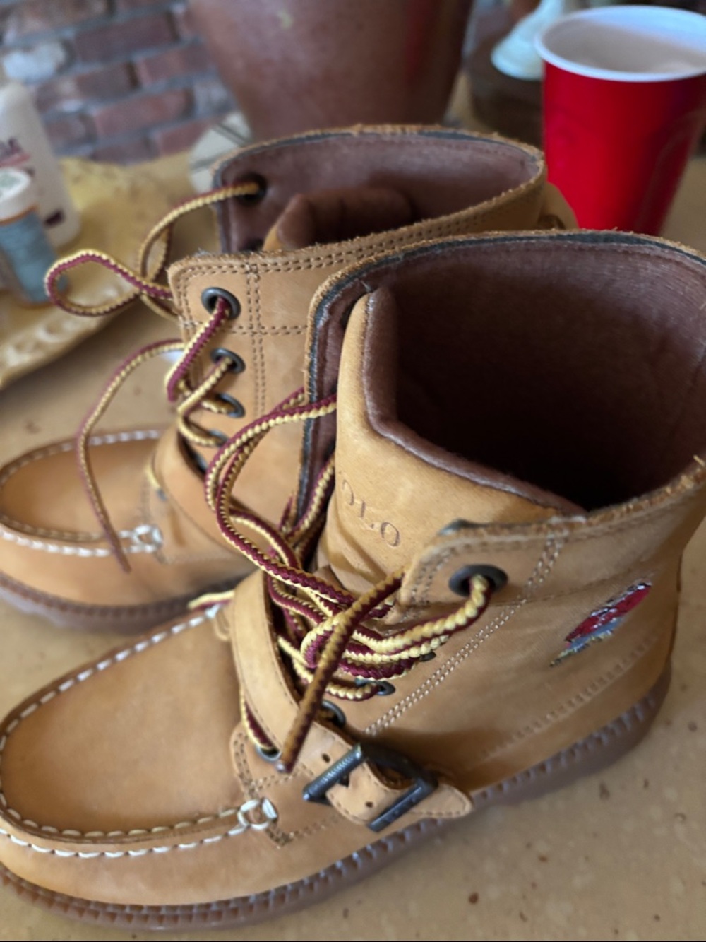 Polo by Ralph Lauren Tan Nubuck Kids Lace-Up Moc Boots with Red Accent Laces
